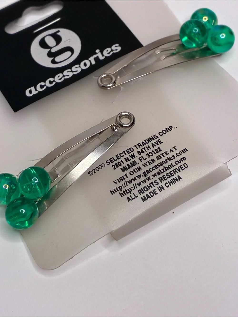 Vintage Y2K Metal Snap Hair Clips Translucent Green Bead Clusters 2 Pack 2000's
